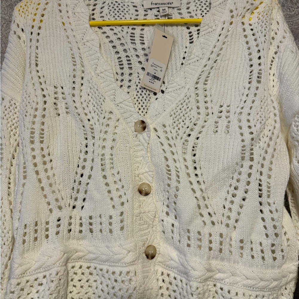 Francesca's Collections Cream Open-Knit Scalloped Button Cardigan - Picture 2 of 5